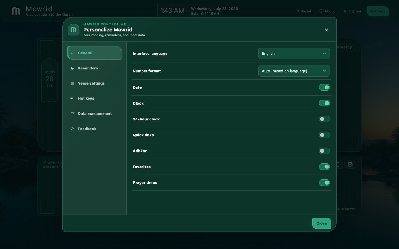 The Settings Well, with General, Reminders, Verse, Hot Keys and Data sections.