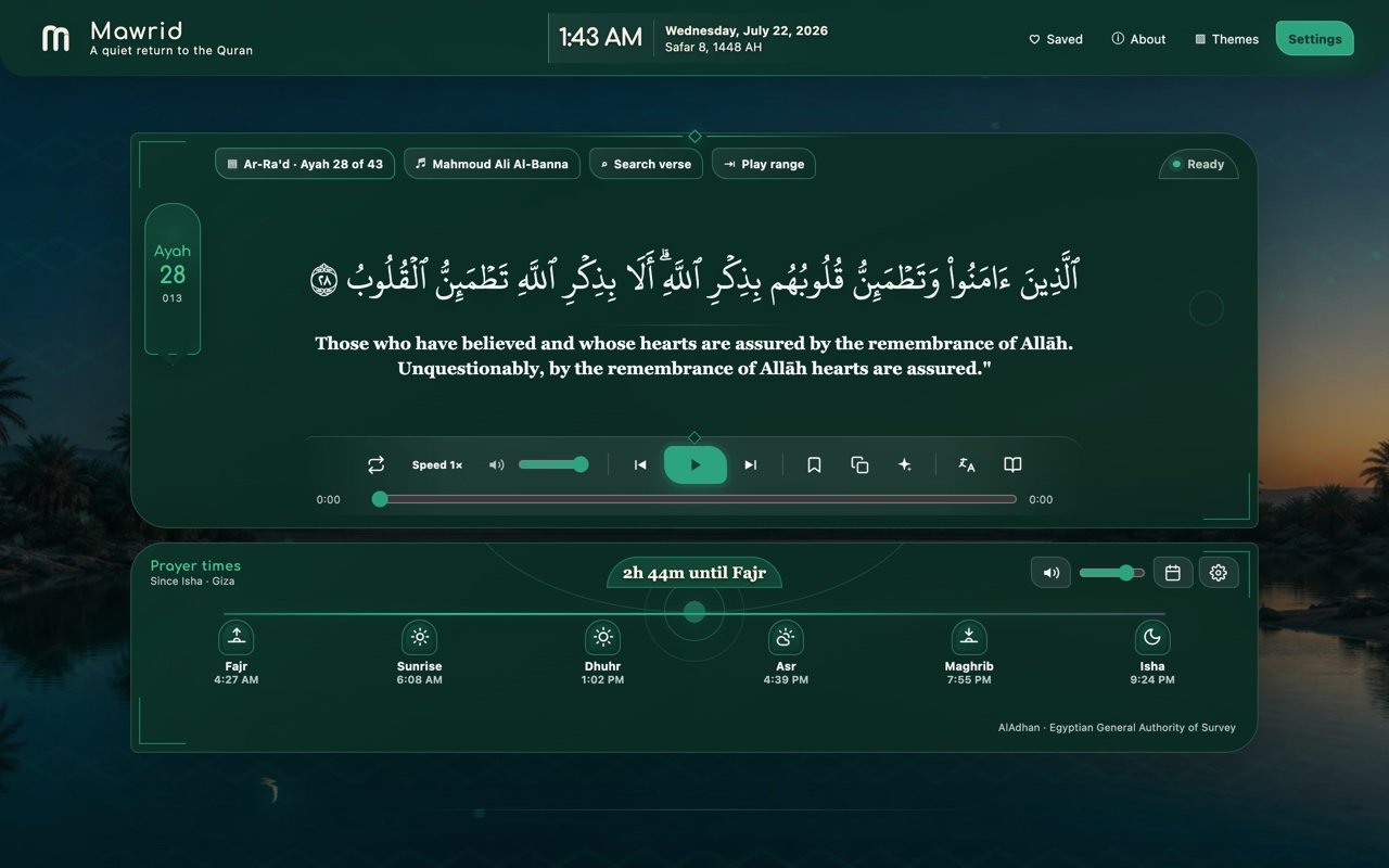 The Mawrid new tab at night: an ayah in Uthmani script with an English translation, a recitation player, and a row of prayer times over an oasis at blue hour.
